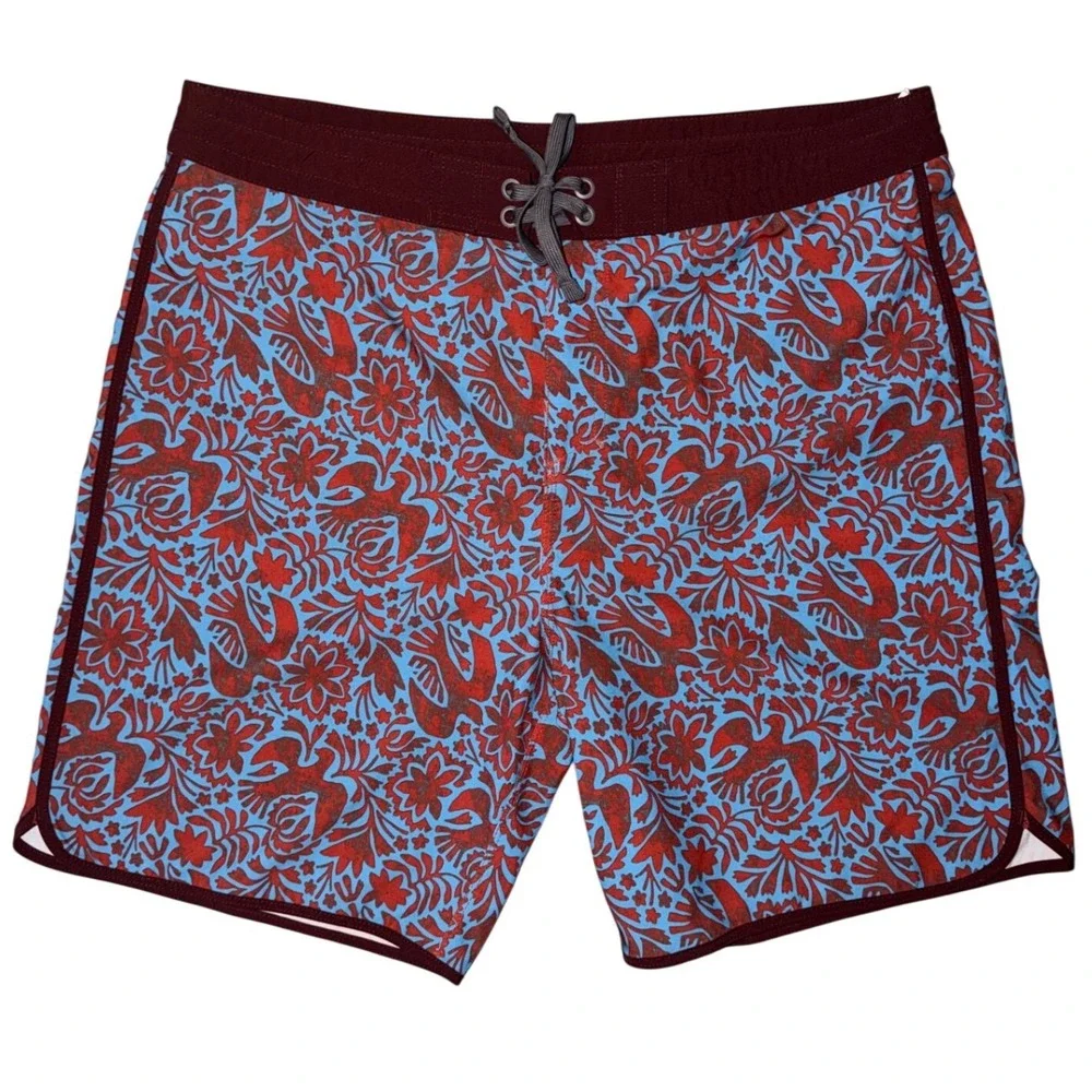 Prana‎ High Seas Board Shorts Mens 36 Red Blue Otomi Bird Floral Swim Trunks H2